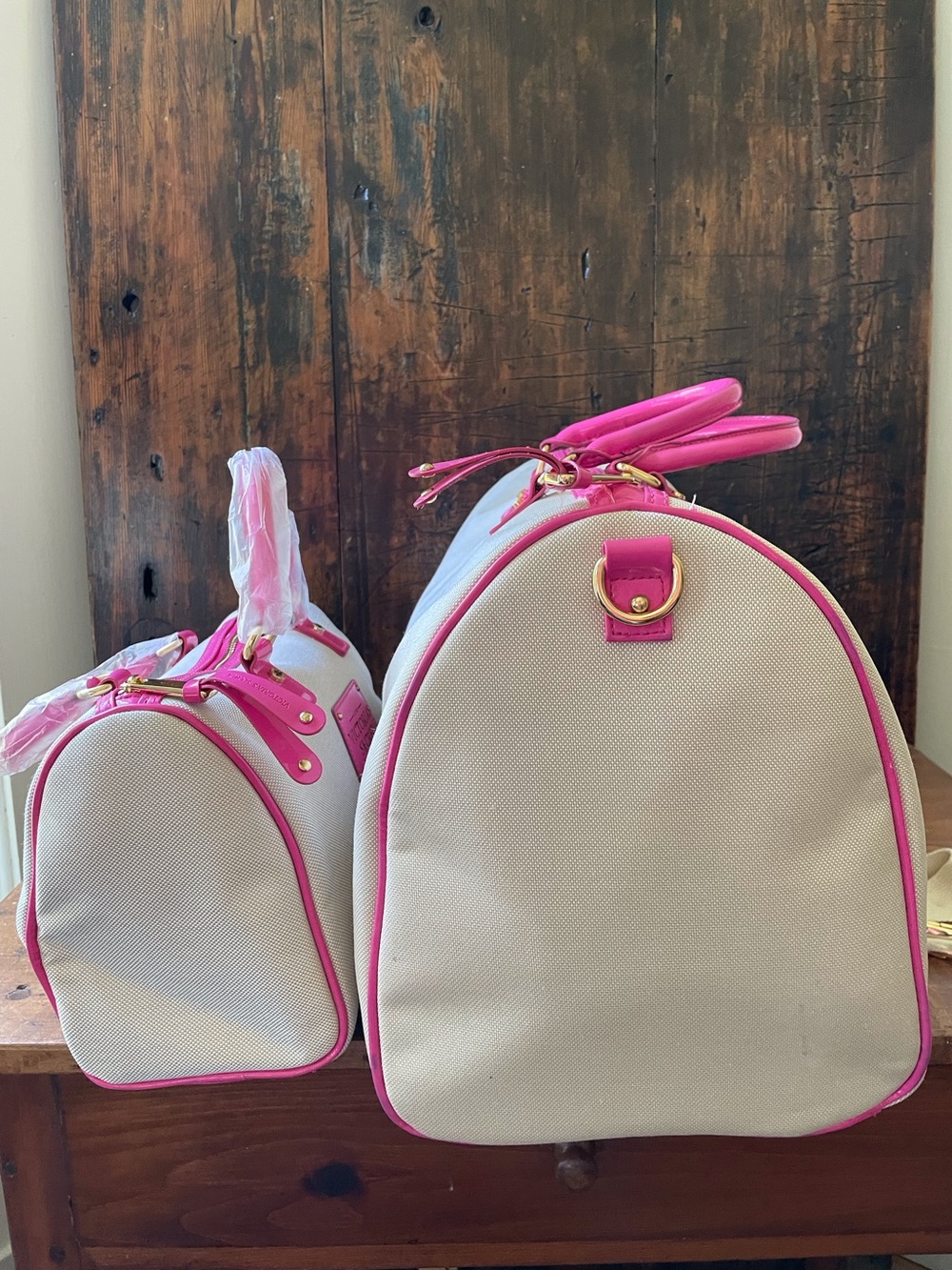 Victoria's Secret Weekender Duffel Bag Canvas Cream Hot Pink Y2K Travel Satchel - Picture 3 of 13